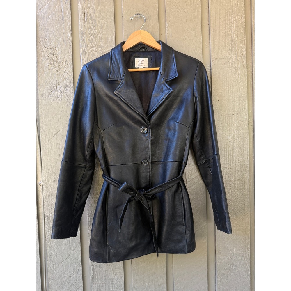 Laguna Leather Trench Coat Jacket Womens Small Belted Button Front Black 90s Y2K